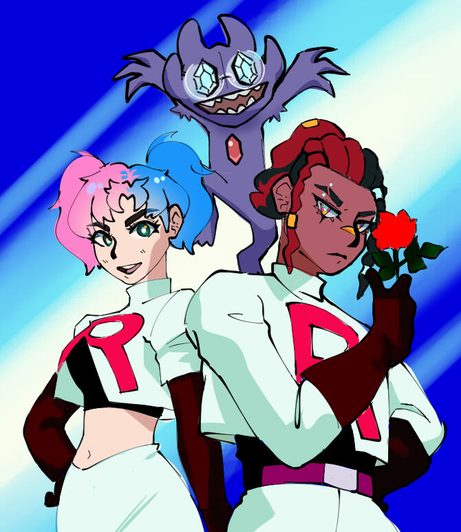 A friend and I&#39;s Oc&#39;s as pokemon trainers--specifically team rocket--and another of our friends as a pokemon